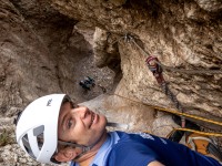 Cris and the girls below (Via Ferrata Canal de las Damas Nov 2025)