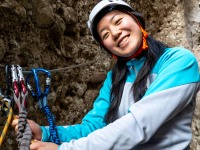 Mei at the belay station (Via Ferrata Canal de las Damas Nov 2025)