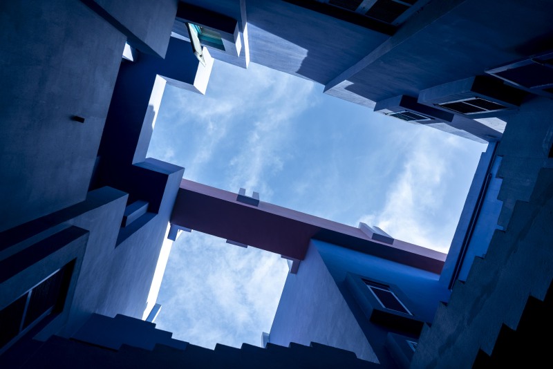 Blue sky view from building courtyard (Xmas Holidays Dec 2022)