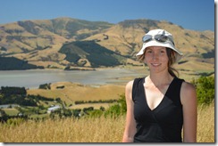 Leonie with hills behind (Camping Banks Peninsula)
