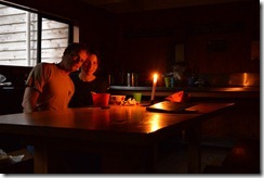 Cris and Leonie having a romantic candle lit hot chocolate in the hut(Welcome Flats Tramp)