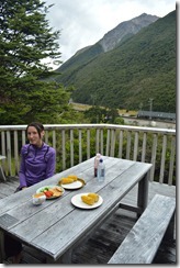 Leonie eating lunch at Kennedy's Lodge in Arthurs Pass (Arthurs Pass)