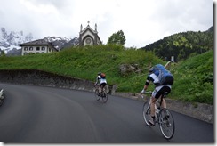 Thomas and Marco climbing Passo San Pellegrino (Cycling Dolomites)