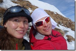 Us on our snowy ledge near the summit (Ski tour Hohe Matona Feb 2014)