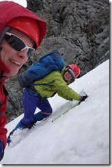 Cris and Gina descending on the tongue of snow at V Notch Pass (Tramping V Notch Pass)