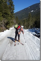 Cris has too much gear (Ski touring Potsdamer Hütte)