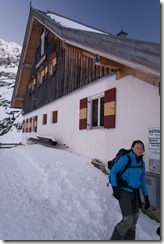 Leonie at the hut (Ski touring Potsdamer Hütte)