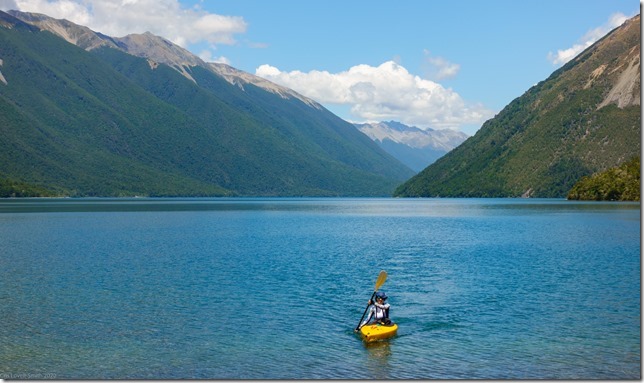 Ari kayaking across the lake (Ari visits 2020)