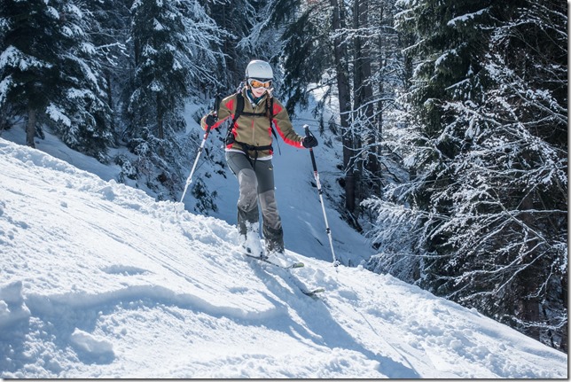 Leonie skiing down  (Skitouring Hirschberg Feb 2017)
