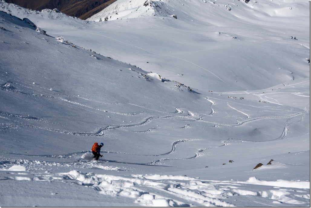 Craig descending in great snow (Ski touring Remarkables August 2021)