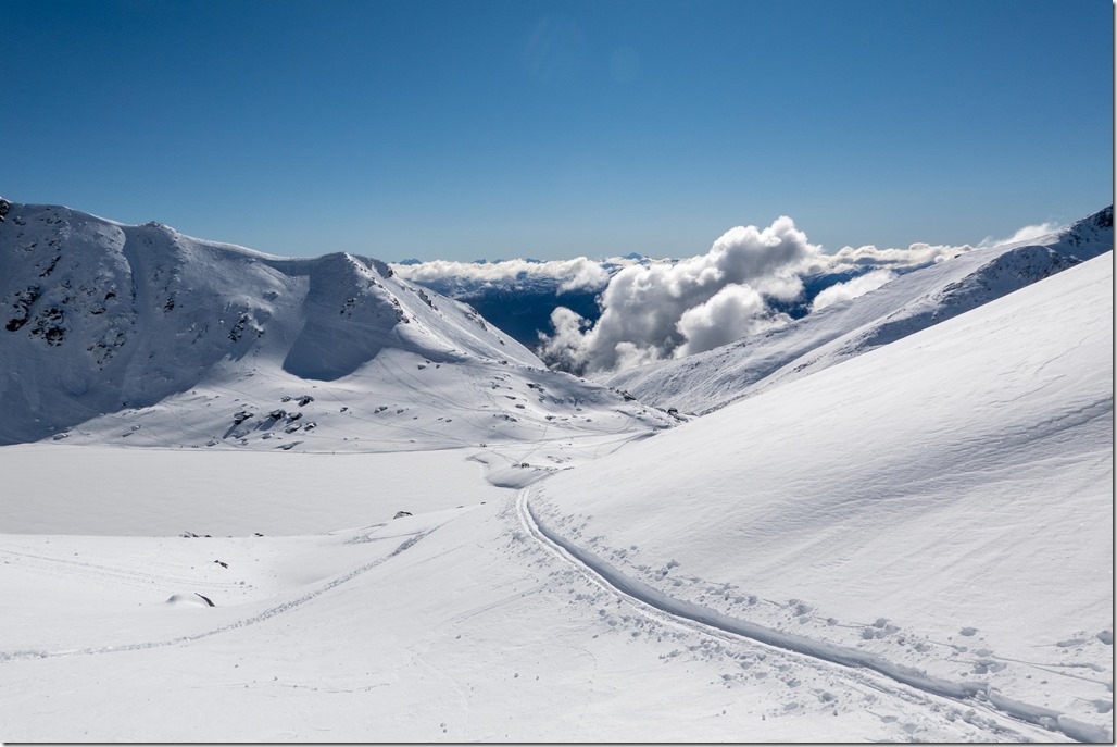 Looking down to Lake Alta (Ski touring Remarkables August 2021)