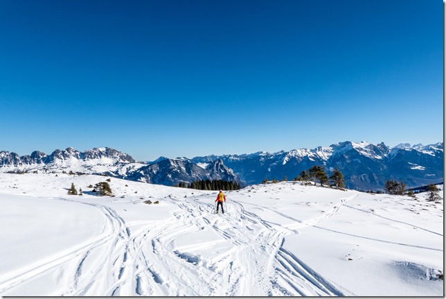 Hans skiing back down (Ski touring Hueenerchopf Feb 2023)