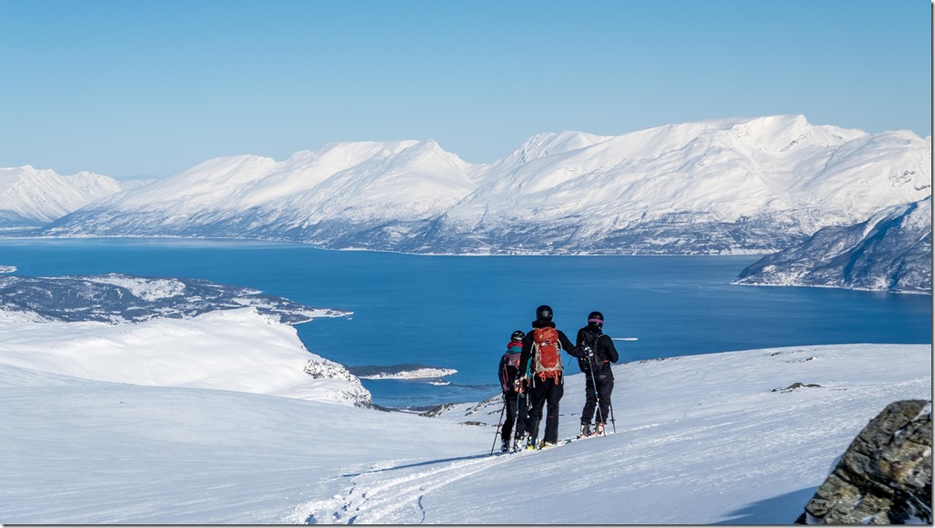 Heading down (Day 6, Runfjellet, Ski Touring Lyngen 2023)
