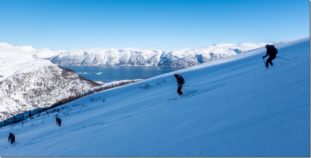 More skiing down (Day 6, Runfjellet, Ski Touring Lyngen 2023)